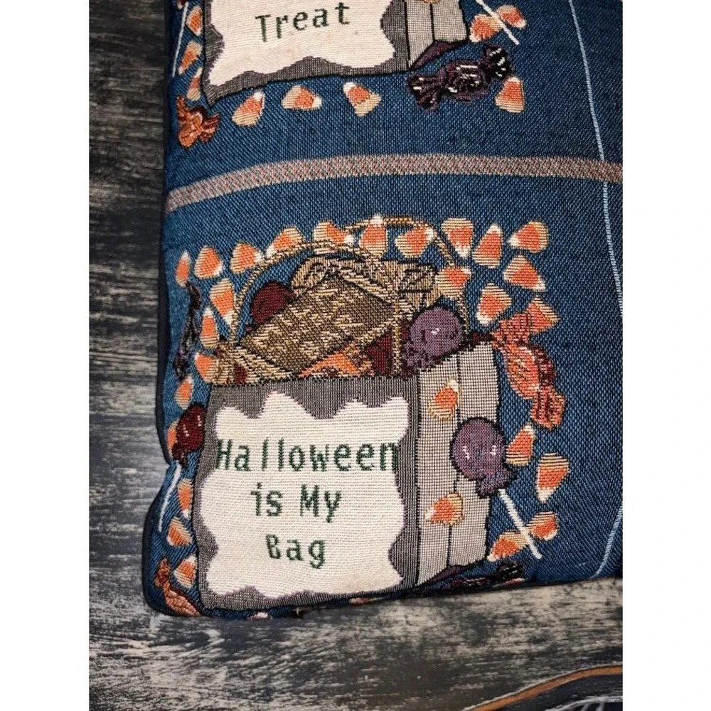 Vintage Halloween Tapestry Throw Pillow Trick Or Treat Candy Corn Decor Square